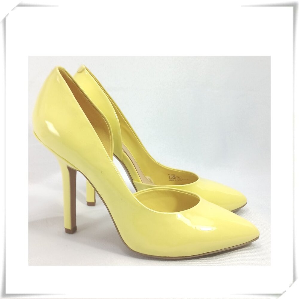 BCBG Paris Bright Yellow Patent Leather D'Orsay Pointy Toe High Heels Pumps BNWB